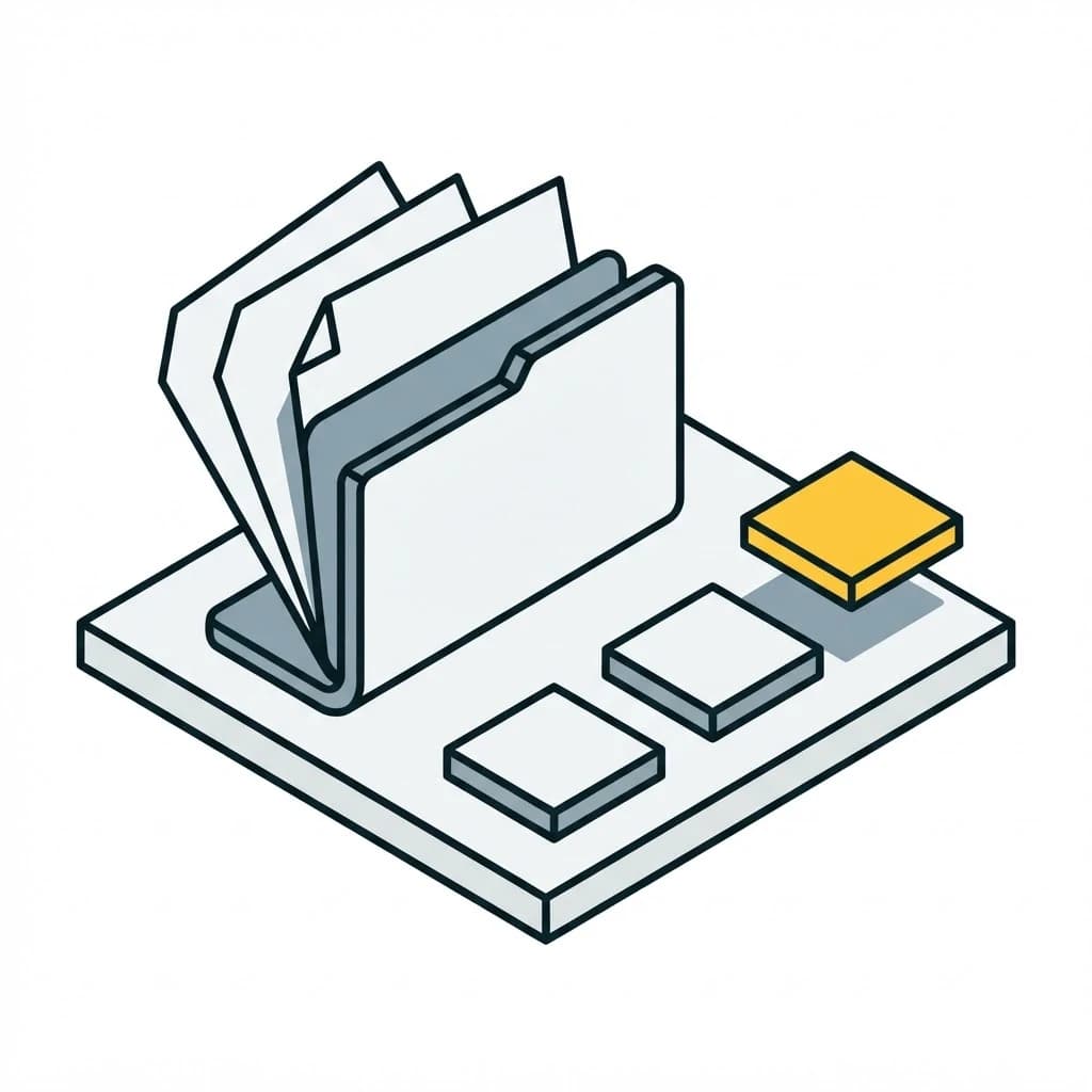 A folder with documents fanned out of it and three stepping plates leading away, the last raised.