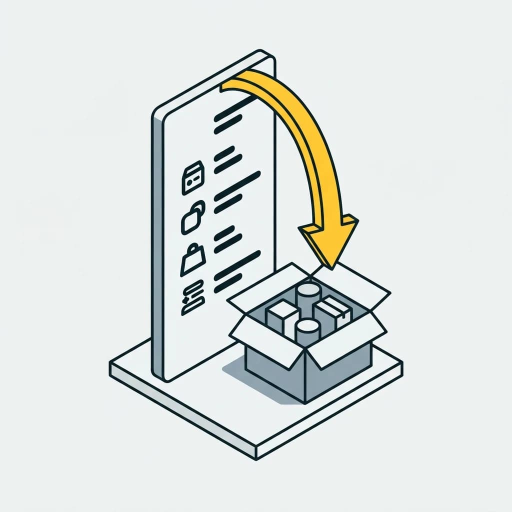 A list with an arrow curving from it back down into a crate already holding goods.