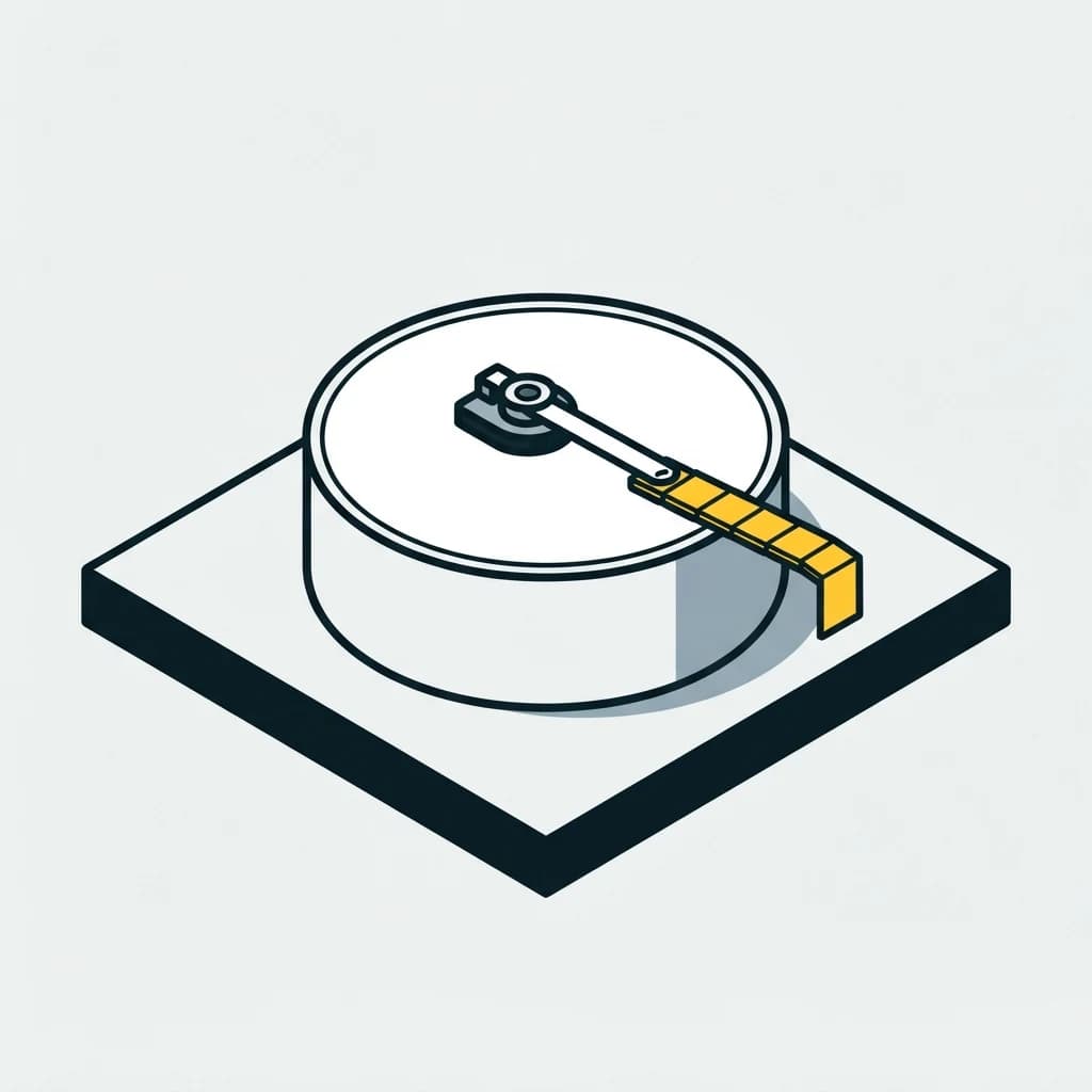 A reading arm resting on a drum with a ribbon of records leaving it.