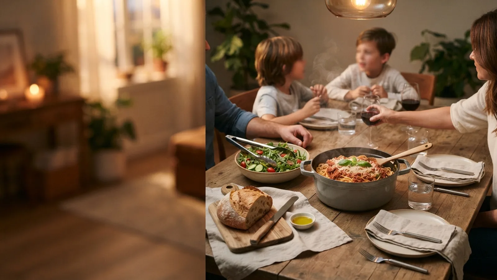 A family weeknight dinner with pasta and salad